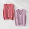 Estilo doce e feminino! Colete de lã fofo para mulheres, suéter sem mangas em lã e cashmere em camadas com decote V para o início do outono