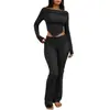 Conjunto de Primavera para Mujer Transfronterizo Europeo y Americano, Nuevo, Color Sólido, Hombros Descubiertos, Manga Larga, Fruncido, Top Corto Camiseta y Pantalones para Mujer