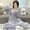 Pijama de mujer estilo princesa, conjunto de algodón para primavera y otoño con manga larga y pantalón largo talla extra para mujeres de talla grande, adecuado para usar afuera en otoño, conjunto para estar en casa