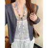 Lenço de Seda Longo com Flores Bordadas Estilo Chinês Vintage para Mulheres, Lenço de Pescoço com Cordão Estilo Artístico de Alta Qualidade