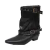 Botas de couro sintético, salto grosso, bico fino estilo francês, de cano médio para mulheres, nova coleção outono 2026, botins da moda com fivela de cinto