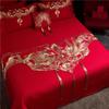 Capa de edredom de algodão de fibra longa com bordado dragão e fênix vermelha, conjunto de quatro peças, roupa de cama vermelha de casamento