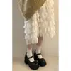 Saltos Altos Pretos para Mulheres 2025 Outono Novo Estilo Japonês com Saia Uniforme Estilo Preppy Britânico Solado Plataforma Brilhante