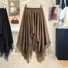 Nova coleção outono/inverno feminina plus size: saia com retalhos de malha retrô, design assimétrico, cintura elástica e barra com franjas