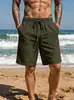 Shorts de verão europeus e americanos transfronteiriços de linho soltos, respiráveis, casuais, esportivos, cor sólida simples, com cordão, para férias na praia