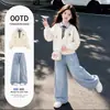 Conjunto de Duas Peças para Meninas Estilo Coreano Academia Primavera e Outono Novo Moletom com Gola Polo Jeans Estrelado Conjunto de Duas Peças para Meninas