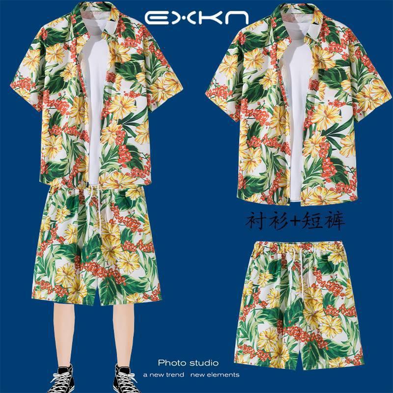冰丝短裤一整套男夏季薄款宽松短袖碎花衬衫夏威夷情侣沙滩服套装