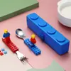 Estilo INS Criativo Desenho Animado Aço Inoxidável Garfo Colher Infantil Louça Blocos de Montar Bebê Conjunto de Louça Portátil