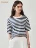 Camiseta de Lona para Mujer Nueva Casual Simple Retro Rayada Cuello Redondo Manga Corta Top Veraniego Holgado Adelgazante para Mujer