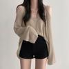 Chic Coreano Elegante Cuello en V Hombro Descubierto Suelto Holgado Versátil Top Casual Protección Solar Color Puro Manga Larga Punto para Mujer
