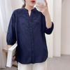 Camisa de mujer Mori de estilo japonés con cuello en V pequeño, bordada y hueca, estilo artístico, holgada, combinable con todo, de manga de siete puntos, de algodón puro para verano.