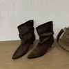 Botines de Tobillo de Tacón Alto de Gamuza Estilo Coreano 2026 Nuevos de Moda Punta Fina Tacón de Aguja Botas Apiladas Plisadas Moda Retro Botas Adelgazantes