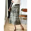 Falda Midi de Corte Recto con Abertura, Estampado Digital Bicolor de Doble Cara, Mezcla de Lyocell y Lino para Mujer, Verano S0521Y