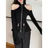 Top de Malha Tricô Gola Alta Design de Menina Picante Estilo Americano Início do Outono Ombro a Ombro Único Chique Cor Sólida Preto