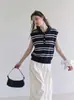Chaleco de punto a rayas con bloques de color y solapa estilo francés para mujer, top polo sin mangas de verano estilo "old money" francés