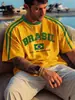 2026 Venda Quente Transfronteiriça Estilo Unissex Impresso em 3D Tendência Retrô Grande Caimento Solto Camiseta da Copa do Mundo Time de Futebol Brasil