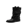 Chica Cómica~Botas Acampanadas Sueltas Plegadas Apiladas Invierno 2026 Gruesas de Tacón Medio Redondas de Piel de Vaca de Media Caña para Mujer