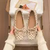 Zapatos Mary Jane de tiras, planos bajos con lazo y lunares, zapatillas de ballet para mujer, estilo de hada con punta cuadrada suave