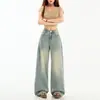 Pantalones vaqueros de pierna ancha retro estilo americano para la calle, corte holgado, fluidos, desgastados, largos hasta el suelo para mujer, pantalones largos de mezclilla, algodón vaquero extendido