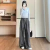 Traje casual de primavera-verano gris con patchwork de rayas de doble cintura, pantalones rectos de pierna ancha versátiles y adelgazantes para mujer, de largo hasta el suelo
