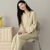 Pijama de algodón elástico jacquard de doble cara para mujer, cárdigan de primavera y otoño, manga larga, cómodo, se puede usar afuera, conjunto casual para el hogar