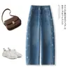 Pantalones anchos retro de estilo coreano con bordado azul, otoño 2026, de cintura alta, que cubren la cadera, adelgazantes, casuales, de mezclilla, de pierna ancha