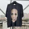 Camiseta de Manga Corta Holgada para Parejas de Ancianos Lavada Pesada con Estampado de Retratos Hip Hop Rap Estilo Americano Vintage Tendencia