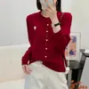 Novo Cardigã de Tricô Gola Redonda para Mulheres Estilo Primavera e Outono Cor Sólida Bordado de Cogumelo Casaco Suéter Manga Longa Solto Versátil