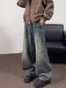 Jeans de calle retro americano lavados y desgastados para hombre, pantalones largos casuales de pierna ancha recta holgados de marca de moda de verano