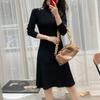 Moda Femenina Transfronteriza Vestido de Estilo Francés Inspirado en Hepburn, Manga Larga Hebilla Metálica en el Hombro Jersey Ajustado de Punto Vestido Negro Pequeño