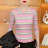 Moda Primavera 2026 Nueva Camiseta de Manga Larga a Rayas para Mujer, Cuello Redondo, que Oculta el Vientre, Adelgazante, Rejuvenecedora, Top para Mamá
