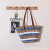 Bolsa de Palha Trançada com Ombro Vazado Estilo Francês Nova Estilo Étnico Cor Contrastante Portátil Bolsa Trançada Feminina para Férias na Praia