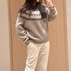 Ropa Navideña Retro Perezosa con Color Islandés Cárdigan de Punto Fell Island Suéter Jersey de Cuello Redondo Invierno Mujer