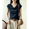 Elegante top de punto azul con cuello drapeado y mangas acampanadas para mujer, nuevo estilo de verano 2026, extremadamente atractivo y rejuvenecedor