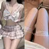 Lencería Sexy, Atuendo Sexy de Estudiante JK, Estilo Universitario con Cordones Huecos Estilo Puro Deseo Uniforme a Cuadros de Estudiante