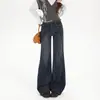 Jeans boca de sino vintage não apertado para mulheres, elástico, modelador, perna reta, calça boca de sino solta