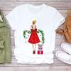 Feliz Navidad Árbol de Navidad Papá Noel Cuello Redondo Moda Manga Media Camiseta Base Simple para Mujer Camiseta de Manga Corta para Mujer