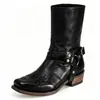 Botas de Couro Masculinas Cor Lavada Retrô Estilo Cowboy Ocidental Salto Baixo Botas de Montaria Tamanho Grande Estilo de Comércio Exterior Transfronteiriço 40-47
