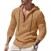 Camisa de linho masculina de manga comprida com capuz, europeia e americana, nova para primavera e outono, moletom casual fashion de corte solto com cordão