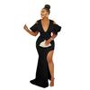 C6637 Moda Transfronteriza AliExpress Amazon Europea y Americana Vestido de Mujer de Color Sólido con Cuello en V Plisado Abierto con Abertura Alta