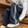 Calça estilo americano, calça de seda gelada, calça de perna reta, calça casual listrada de perna larga, marca da moda, longa, de verão, fluida, de secagem rápida, solta, calça masculina