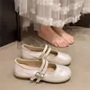 Sapatos Mary Jane Estilo Coreano para Mulheres, Novos Modelos Primavera e Verão, Sapatos Rasos de Couro Confortáveis de Salto Baixo Estilo Fada com Tiras de Fivela Dupla