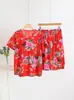 Conjunto de Camiseta y Shorts de Verano Floral para Mujer del Noreste, Algodón Seda Casual Versátil Delgado Ropa de Casa Conjunto de Dos Piezas