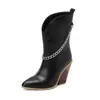 Botas de corrente estilo europeu e americano, bico fino, salto grosso, botas curtas femininas plus size 4006