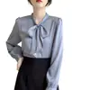 Blusa Azul con Lazo Diseño Femenino Sentido de la Moda Nicho Temperamento Profesional Camisa Top de Gasa Atado Primavera Otoño Manga Larga