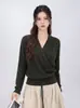 Suéter de lana tipo pullover, elegante, maduro y casual, nuevo para principios de otoño, color liso, cuello en V, manga larga, entallado a la cintura, top para mujer