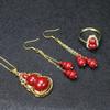 Venta al por mayor de fábrica Collar Regalo de Cumpleaños para Mujer Cinabrio Juego de 3 Piezas Colgante de Calabaza Anillo de la Fortuna Pendientes Estilo Chino