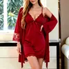 Roupão Feminino de Noite com Alças, Cor Sólida, Renda Sexy em Patchwork, Manga Longa, Roupão Sexy para Casa