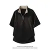 Camiseta de Manga Corta con Cuello de Solapa, Media Cremallera, Estampado a Cuadros, Parches, Estilo Retro Americano, Dos Piezas Falsas, Verano, Holgada, Casual, Tendencia, para Hombre