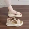 Sandalias Perforadas de Tacón Grueso y Suela Suave para Mujer, Nuevas de Verano para Exteriores, Sandalias Cerradas sin Cierre con Diseño Tejido Hueco